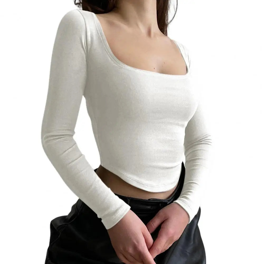 Short Blouse Elegant Square Neck Crop Top for Women Slim Fit Knitted Short T-shirt with Long Sleeves Pure Color Elastic for Club