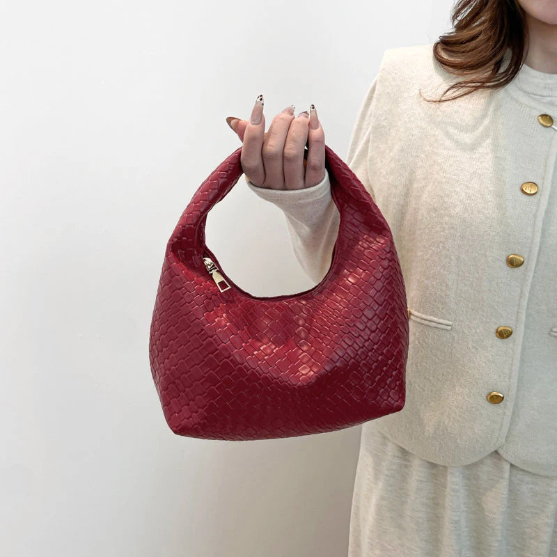 Fashion Pu Weave Bag Red Purse Underarm Bag Fashionable Crescent Mobile Phone Purse and Handbags For Women