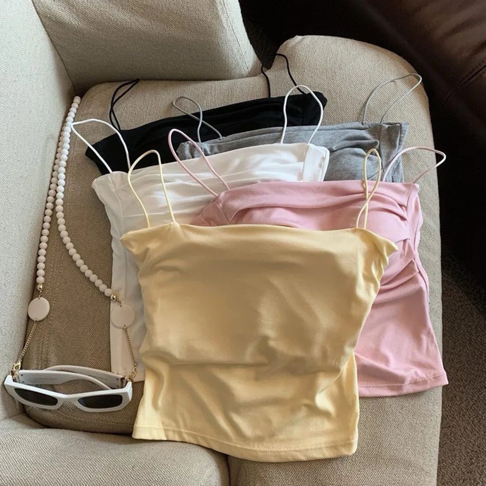 Sleeveless Tees Tank Tops For Women Camisole Vest Cropped Top Slim Fit Solid Color Spaghetti Strap Built In Bra Women Clothes