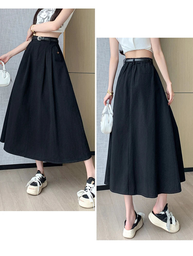 Seoulish Denim Skirts for Women 2024 Spring Summer New High Waist A-line Large Hem Office Lady Umbrella Skirt Pleated Long Skirt