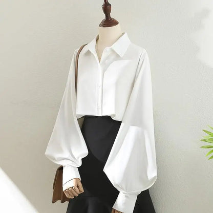 Blouses Tops Women White Black Long Lantern Sleeve Office Lady Temperament Autumn Winter Basic All-match Design Chic Female New