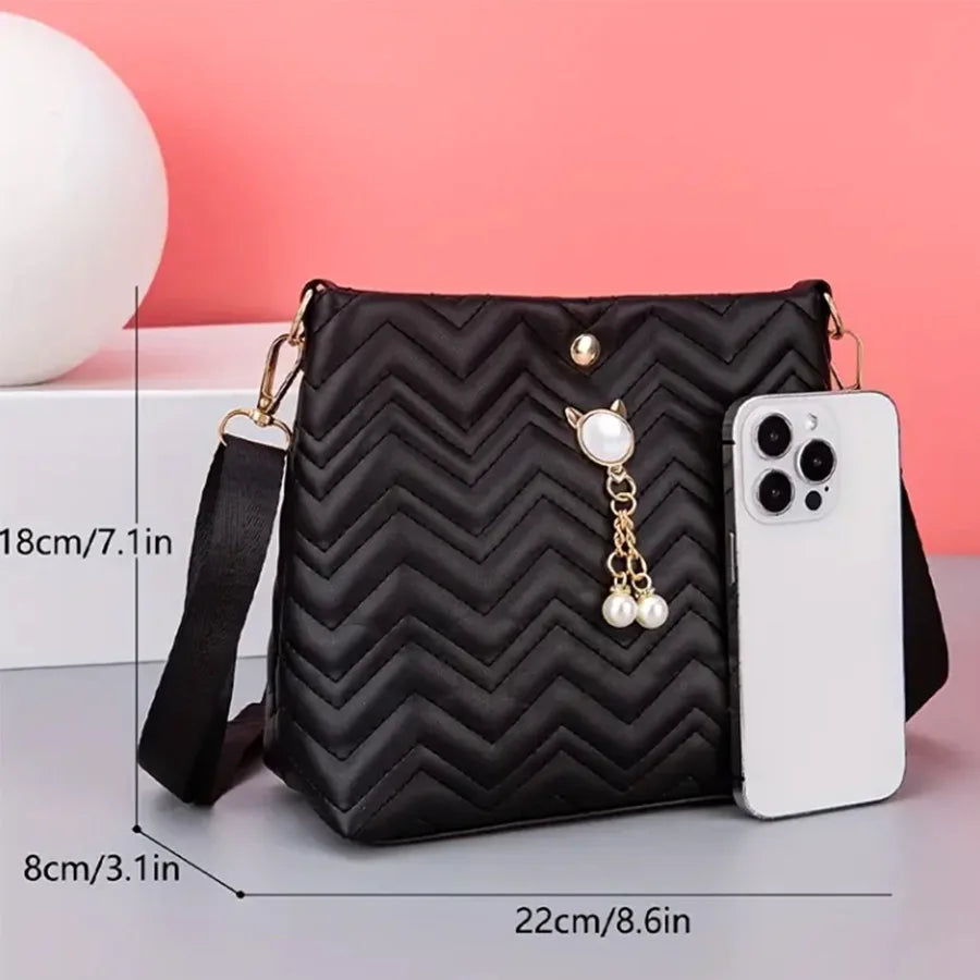 Women's Quilted Crossbody Bag with Cat Pearl Pendant - Elegant Shoulder Purse for Holiday gifts, 2025 Stylish Novelty Handbag