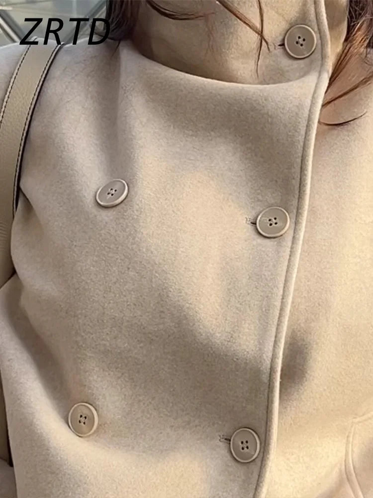 Elegant Women's Short Woolen Coats Loose Stand Collar Double Breasted Pocket Full Sleeve Jacket 2025 Autumn Lady Street Outwear