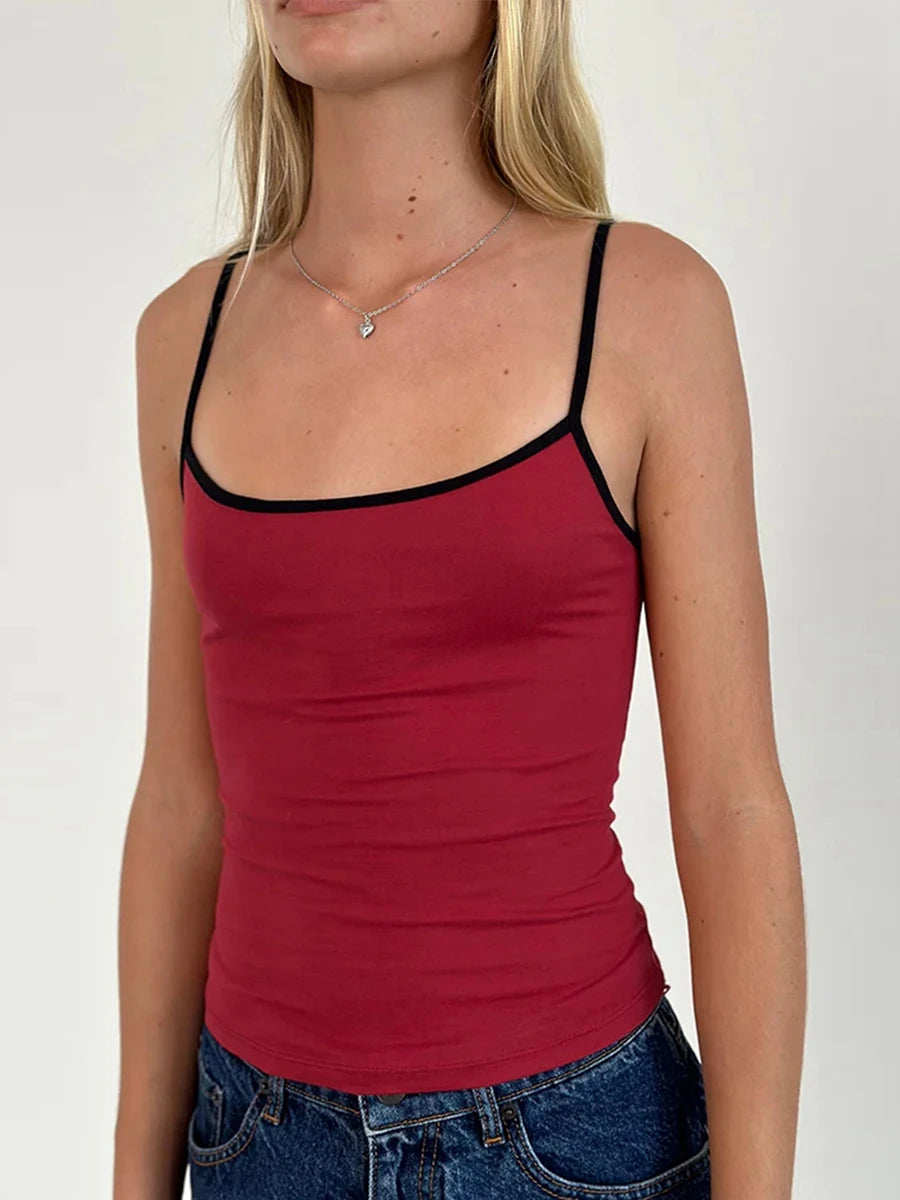 Women Spaghetti Strap Tank Top Scoop Neck Contrast Trim Crop Cami Top Y2K Aesthetic Sleeveless Fitted Basic Tops Streetwear