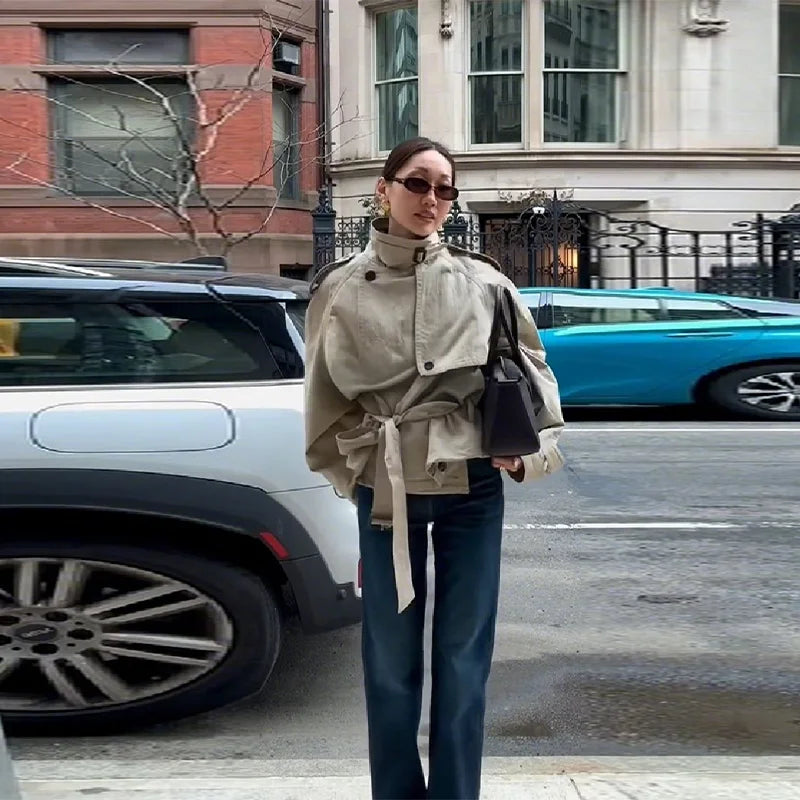 Retro Casual Double Breasted Short Trench Coat For Women Solid Stand Collar Lace Up Versatile Coat 2025 Autumn Lady Outerwears