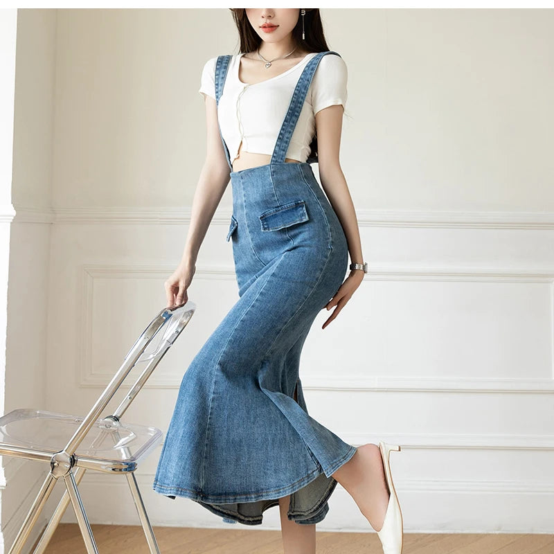 Elegant Casual Denim Jean Skirt for Women's High Waist Bodycon Ruffles Fishtail Skirts Fashion Trumpet Midi Length Skirts Female
