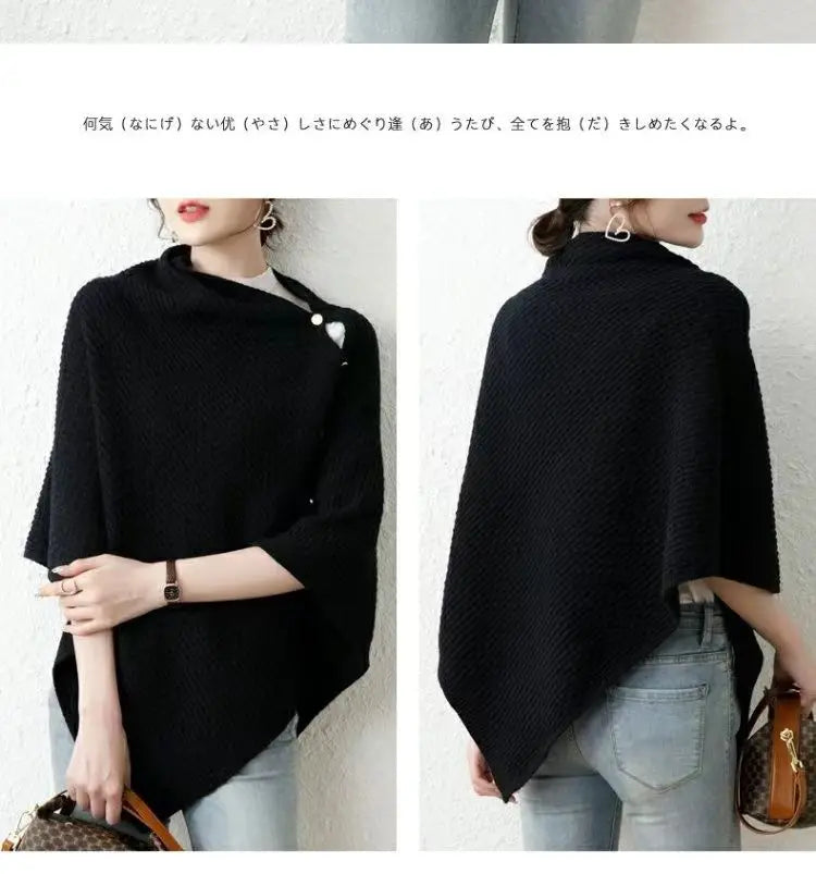 Warm Knitted Plain Color Scarf Thick Single Breasted Wool Shawl Wrap Women Cape Open Side Woven Cardigan Poncho Stole