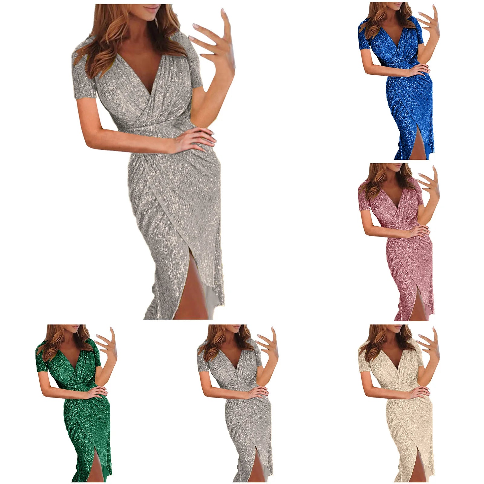 Sexy Deep V Sequins Wrap Dress Womens Ruched Short Sleeve Formal Party Dresses Sparkly Evening Gown Wedding Guest Dress Vestidos