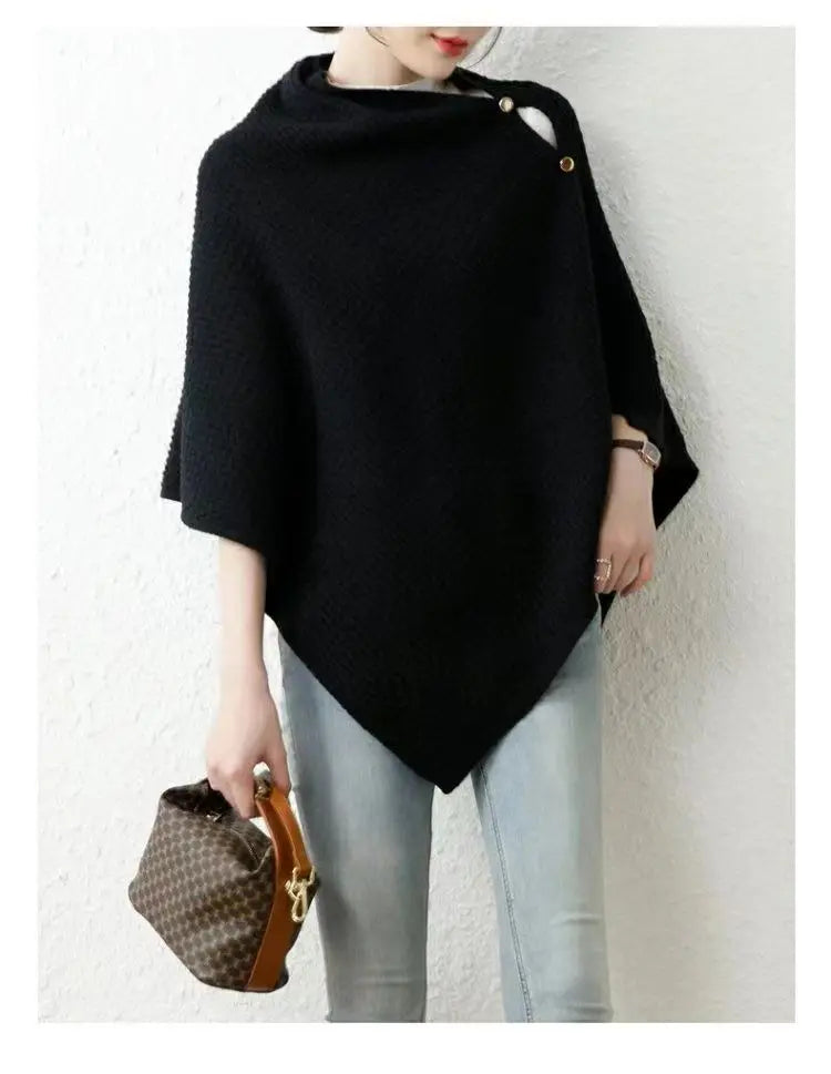 Warm Knitted Plain Color Scarf Thick Single Breasted Wool Shawl Wrap Women Cape Open Side Woven Cardigan Poncho Stole