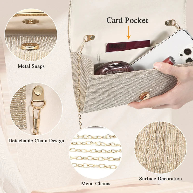 Evening Clutch Bags Fashion Women Elegant Silver Gold Shiny Handbag Wedding Party Long Purses Banquet Clutch Purses Shoulder Bag