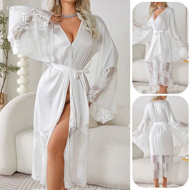 Women Robe Long Elegant Kimono Bathrobe Bride Wedding Gift Dress Lace Patchwork Nightgown Lady Loose Homewear Intimate Lingerie