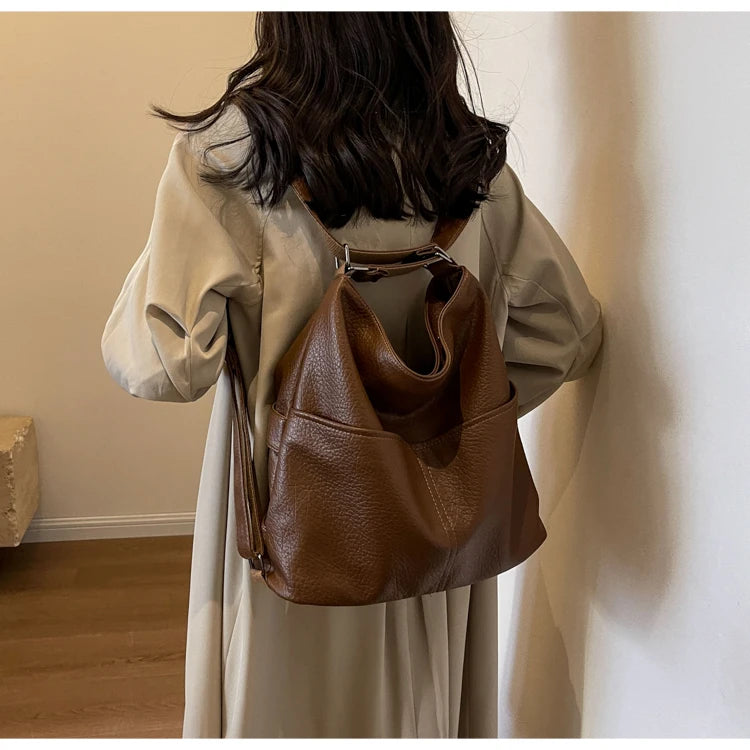 Versatile Student PU Backpack Women New Large Capacity Commute Travel Shoulder Crossbody Bags Fashion All-matched Tote Bag