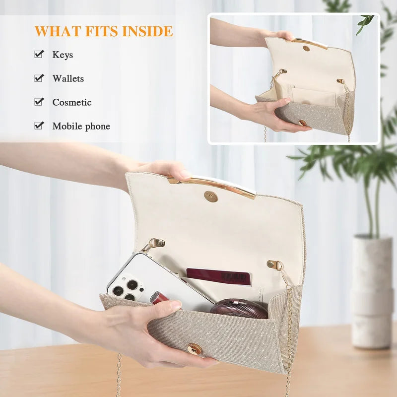 Evening Clutch Bags Fashion Women Elegant Silver Gold Shiny Handbag Wedding Party Long Purses Banquet Clutch Purses Shoulder Bag