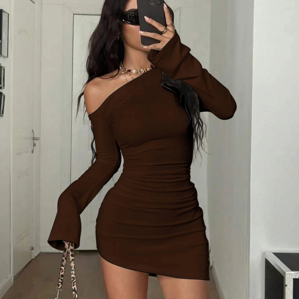 Inclined-Sleeve Ruched Mini Dress