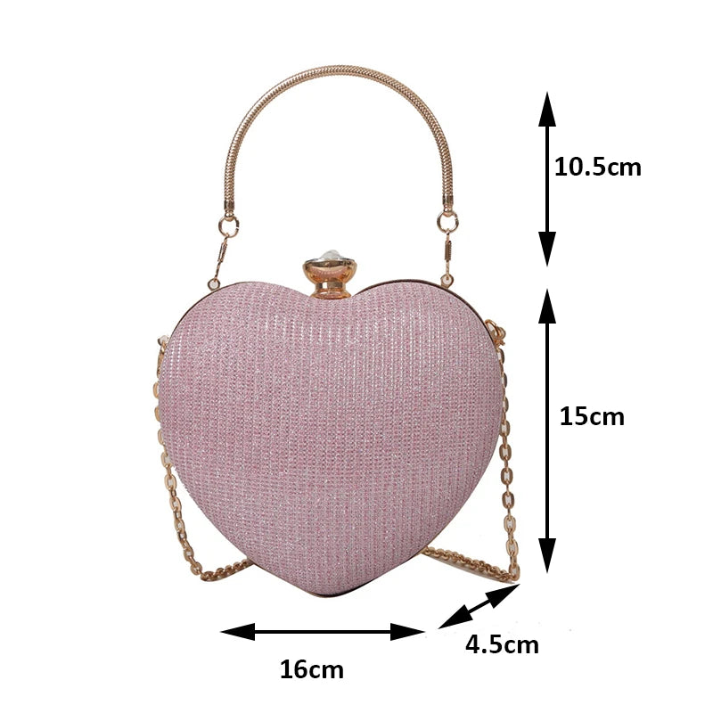 Evening Clutch Bag Women Bag Shiny Handbag Heart Shape Metal Clutches Bag Fashion Chain Shoulder Crossbody Bag Luxury Lady Purse