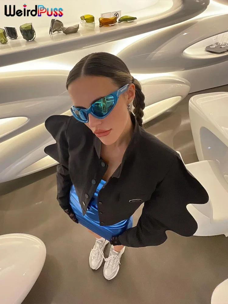 Weird Puss Special Sleeve Jacket Women Solid Single-Breasted Y2K Fashionable Autumn Warmth Wild Street Causal Short Outwear Coat