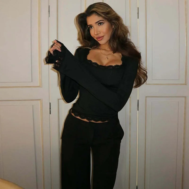 FDYOUI Lace Patchwork Long Sleeve T-shirts Streetwear Y2K Woman Clothes Casual Fashion Square Collar Slim Pink Tee Shirt Tops