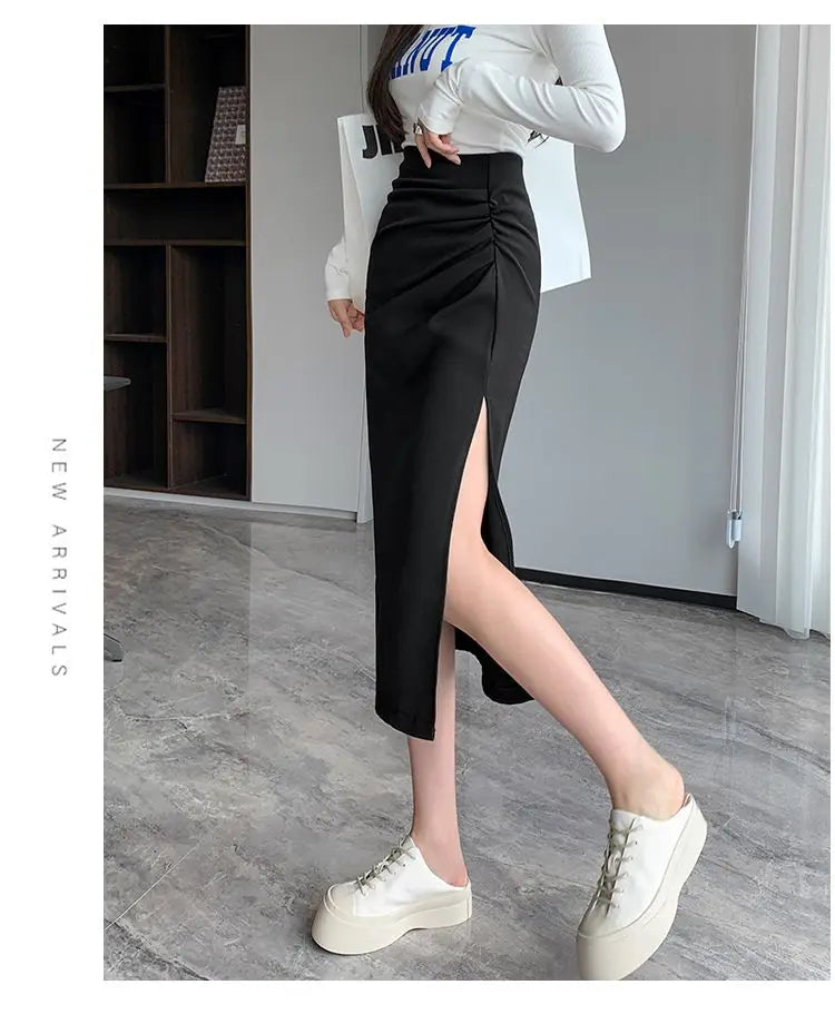 Slit Pleated Skirt for Women 2025 Summer New High-waist Slim Mid-length Versatile A-line Skirt