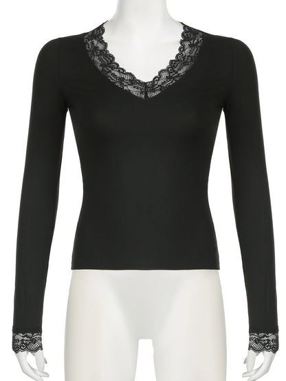 Casual Solid Lace Trim T Shirt Basic Slim V-Neck Long Sleeve Tees Women 2024 Autumn Spring Fashion Streetwear Ladies