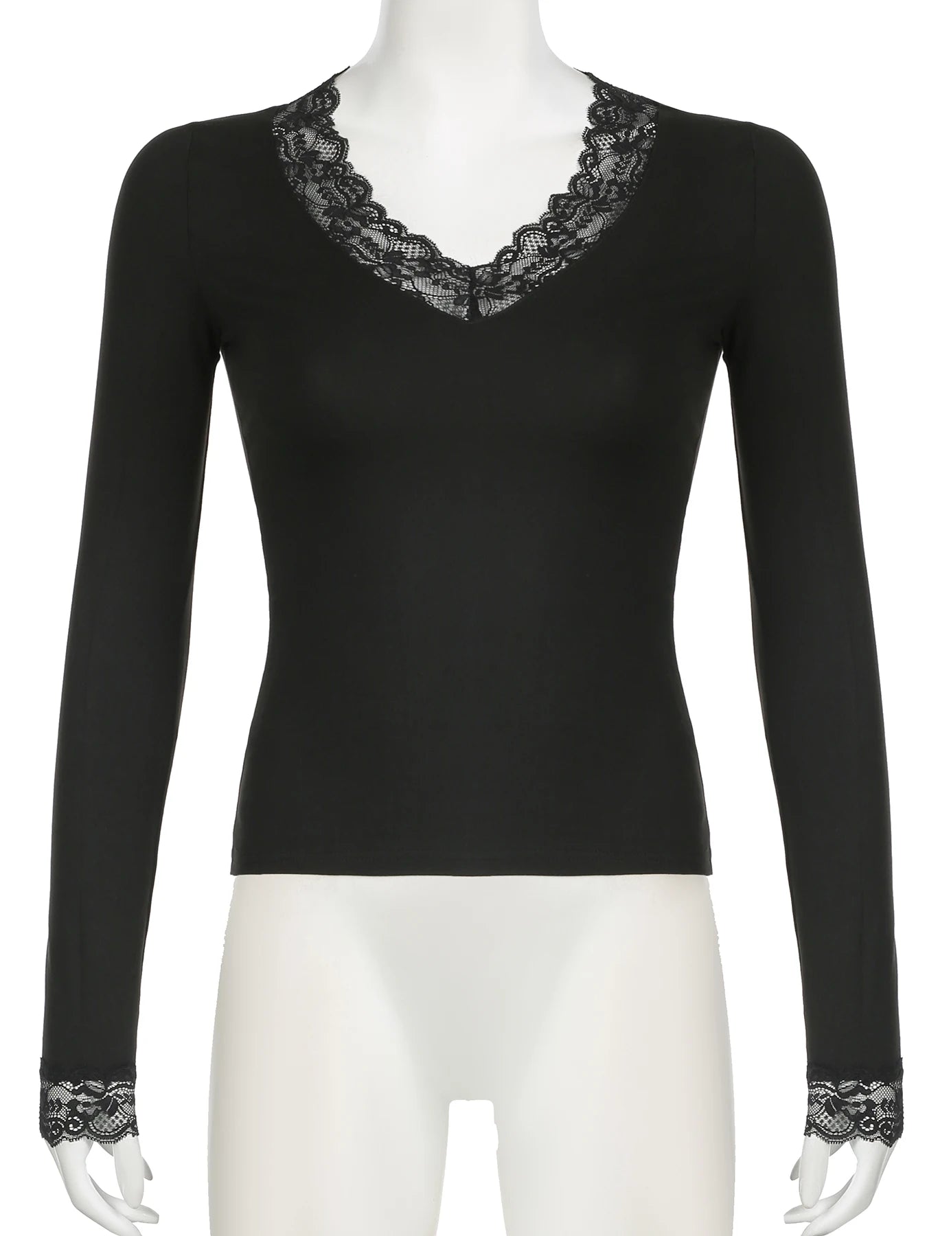 Casual Solid Lace Trim T Shirt Basic Slim V-Neck Long Sleeve Tees Women 2024 Autumn Spring Fashion Streetwear Ladies