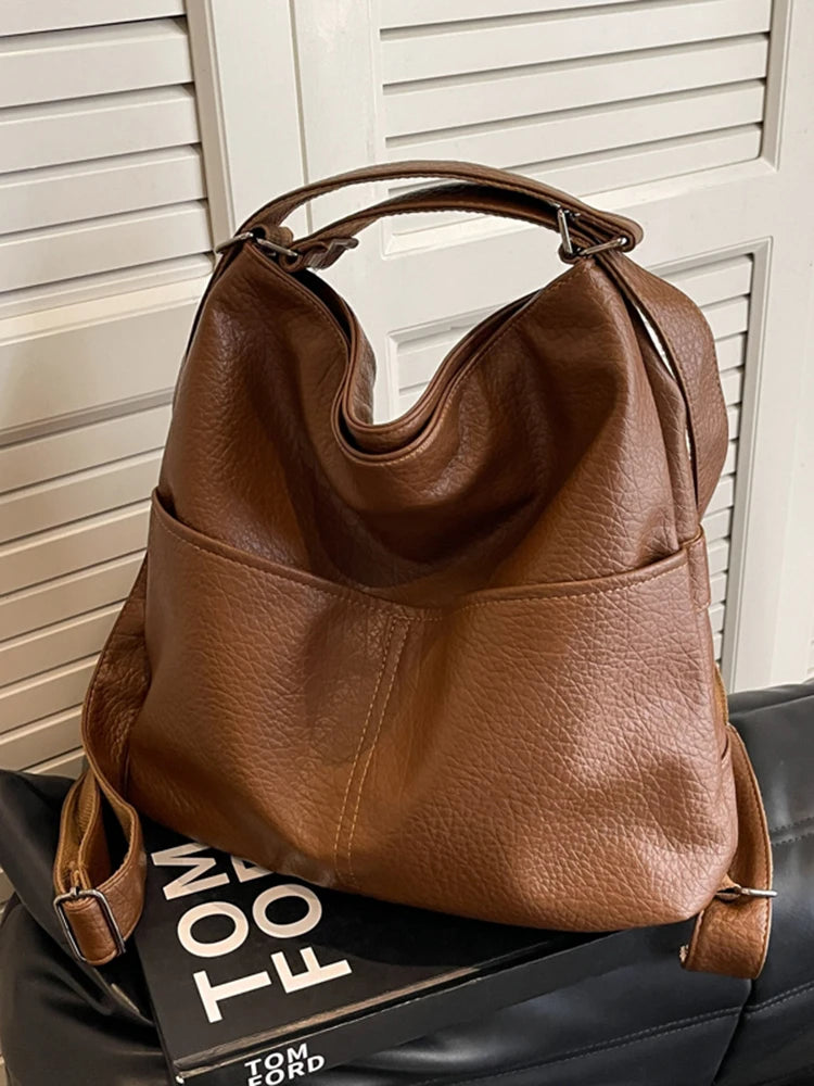 Versatile Student PU Backpack Women New Large Capacity Commute Travel Shoulder Crossbody Bags Fashion All-matched Tote Bag