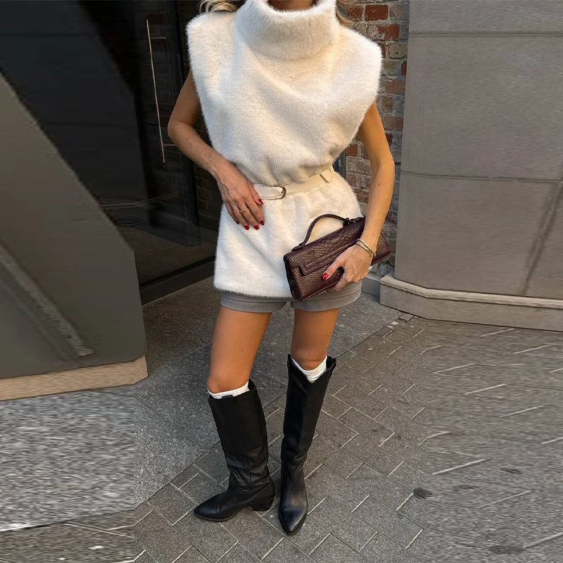 Vintage Brown Women's Faux Fur Vest Solid High Collar Sleeveless Thicken Female Waistcoat 2025 Autumn Winter New Lady Streetwear