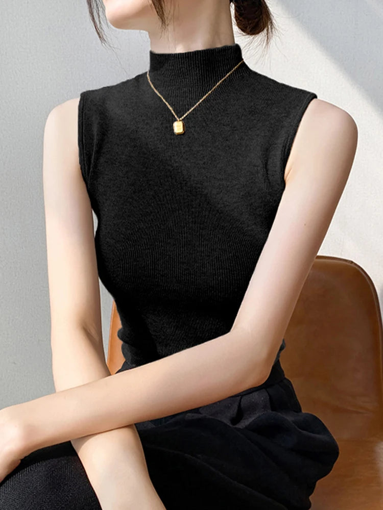 Sexy Summer Turtleneck Tank Tops Women Ribbed Sleeveless Solid Slim Top Female Sleveless Camisole Vest Casual Knitted Camis 2025