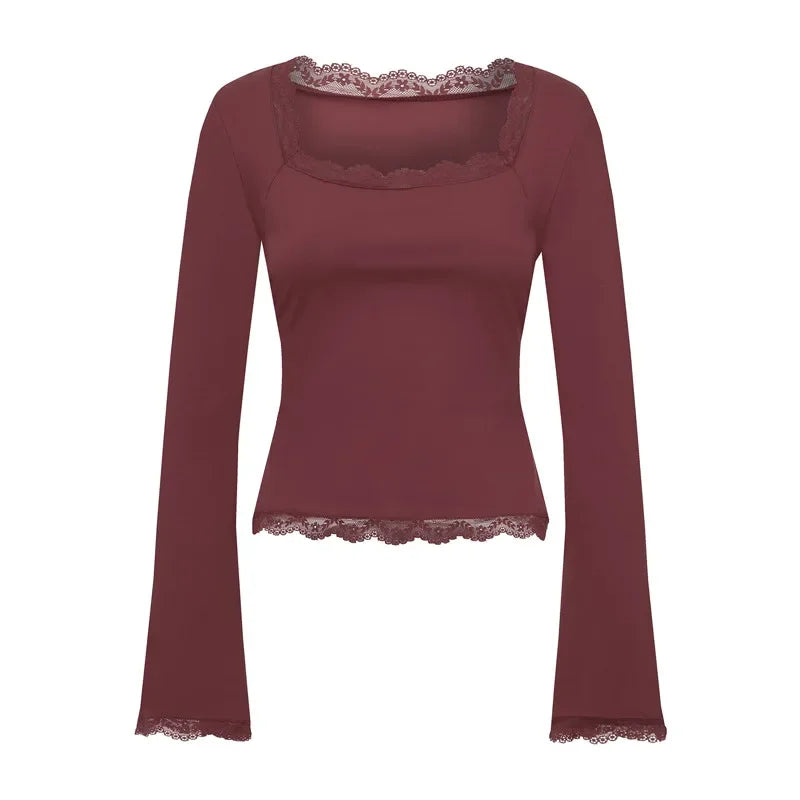 Women's Spring Lace Trim Tee Shirt Blouses Fashion Long Sleeve Square Neck Slim Trendy Party T-shirt Y2K Streetwear