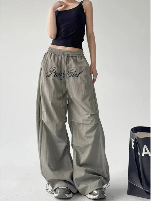 Women Loose Dancing Long PantsGrey Letter Embroidery Jazz Dance Pants Wide Leg Workwear Trousers for