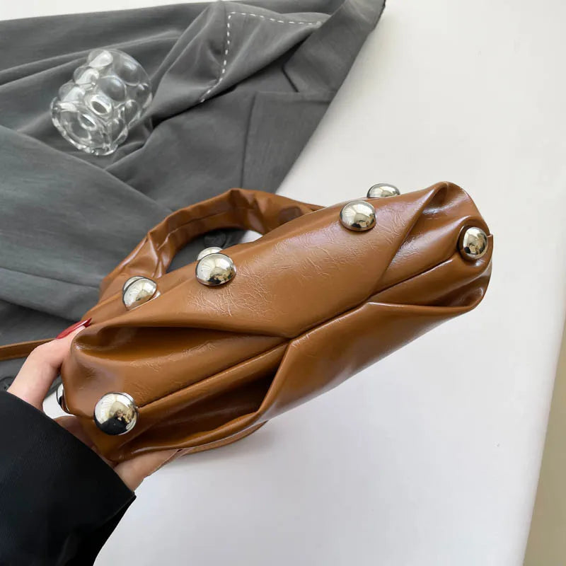 Black Half Moon Underarm Bag For Women Luxury Studded Beading Handbags Red Purse Solid Color Pu Leather Shoulder Crossbody Bags