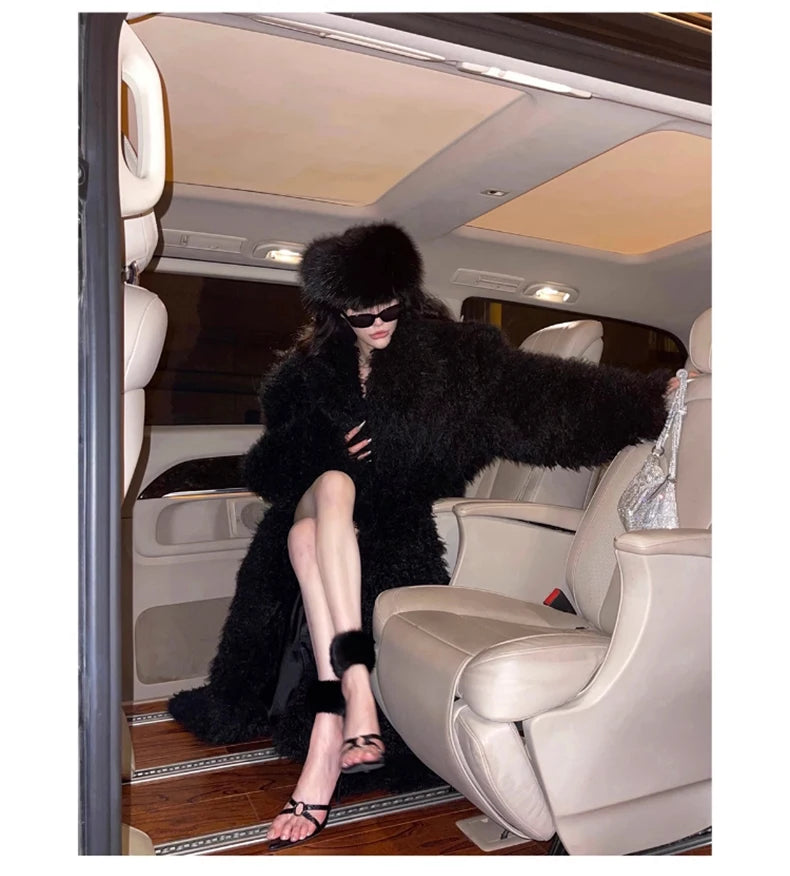 Lautaro Winter Extra Long Soft Thick Warm Fluffy Black Fuzzy Shaggy Hairy Faux Fur Coat Women Sashes Luxury Furry Overcoat 2023