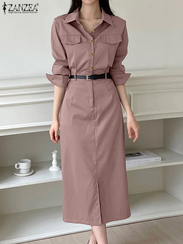 ZANZEA Women Lapel Long Sleeve Vestidos 2025 Spring Solid Work Dresses Casual Waisted No Belted Robe Office Lady Midi Spilt Robe