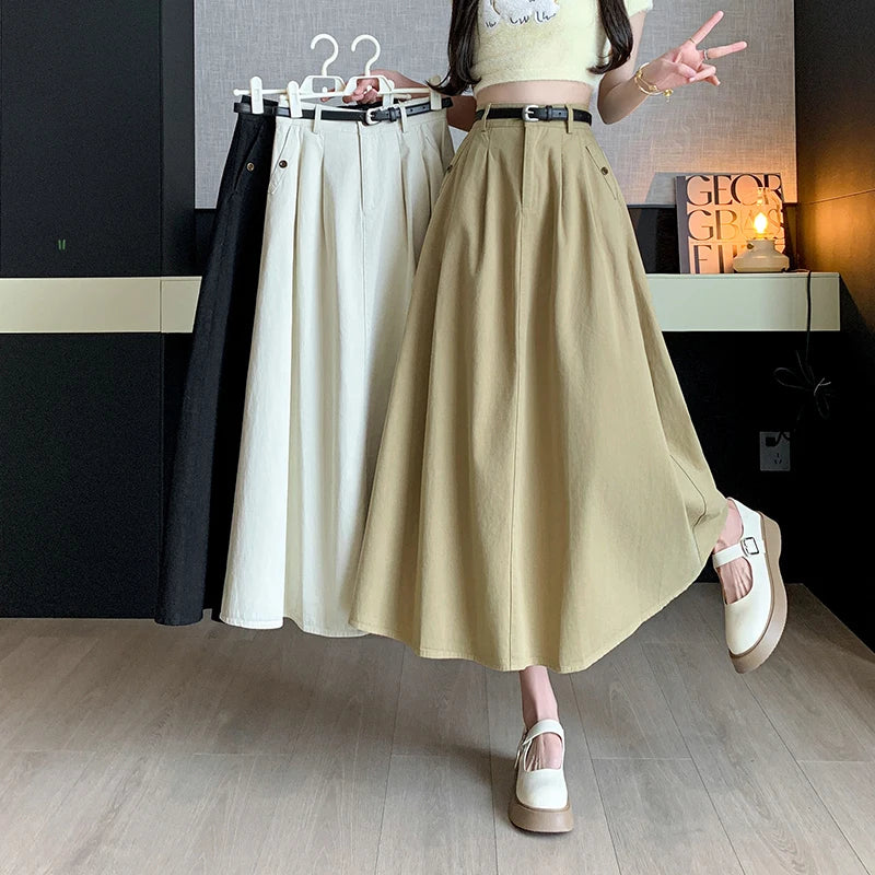 Seoulish Denim Skirts for Women 2024 Spring Summer New High Waist A-line Large Hem Office Lady Umbrella Skirt Pleated Long Skirt