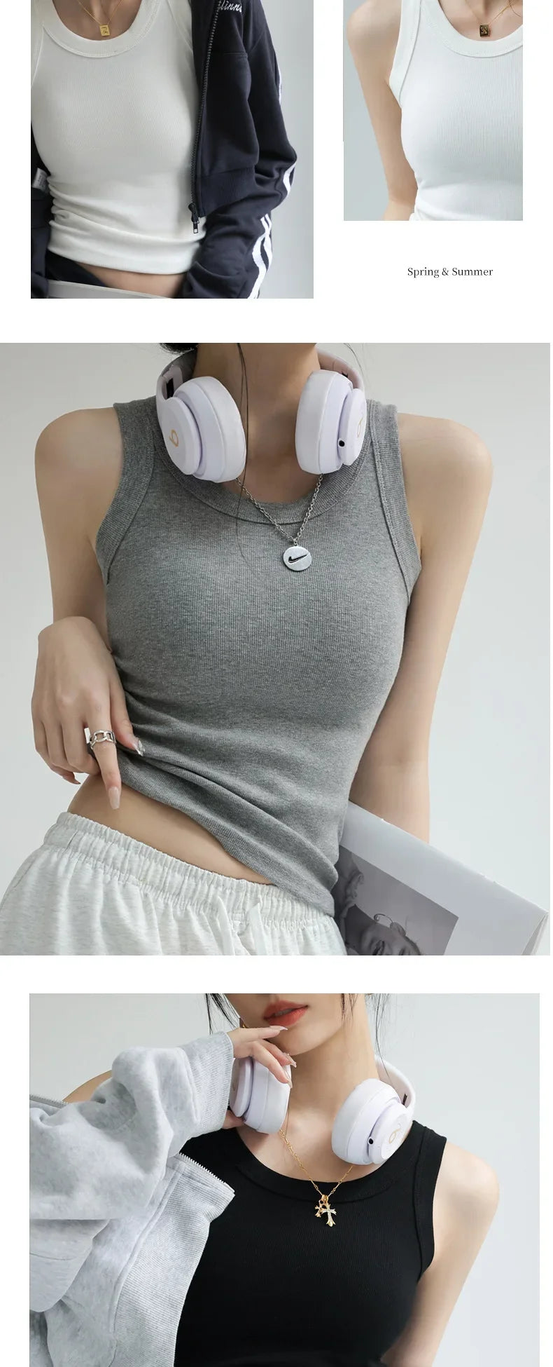 New Women Solid Round Neck Ribbed Tank Top Camisole Women Summer Basic Elastic TankTop One-piece Vest with Chest Pad Y2k