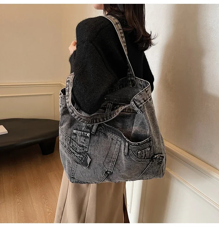 2025 Spring New Hot Sale Denim Tote Bags Solid Large Capacity Personality Retro Durable Commute Style Shoulder Bags for Women