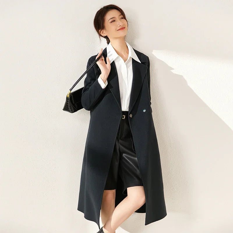 SENTUBILA Women 100% Wool Long Wrap Coat 2025 Elegant Notched Collar Belted Warm Double Faced Woolen Winter Overcoat W24O43352