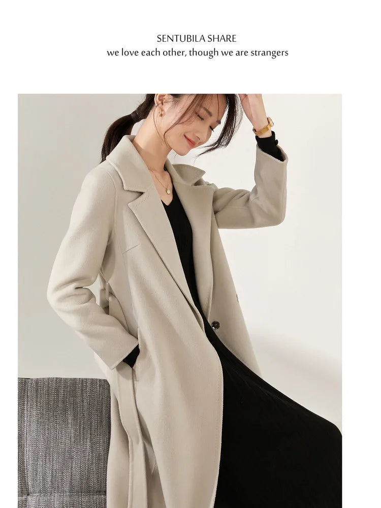 SENTUBILA Women 100% Wool Long Wrap Coat 2025 Elegant Notched Collar Belted Warm Double Faced Woolen Winter Overcoat W24O43352