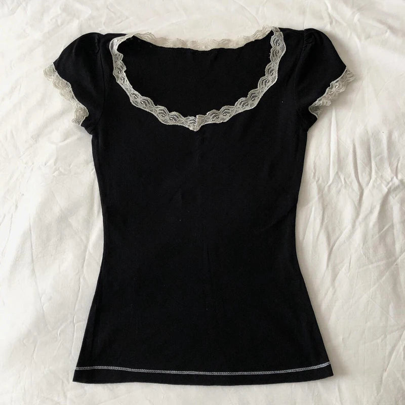 White Lace Trim Neckline Crop Tops Fairycore Aesthetics Vintage Black Milkmaid Tees Chic Women Y2K Retro Grunge T Shirt Korean