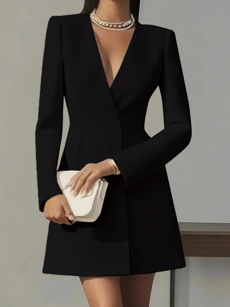 Fashion Commuter Dress for Women Autumn New Elegant Office Lady Solid Color Deep V-neck Double Breasted Long Sleeved Mini Dress