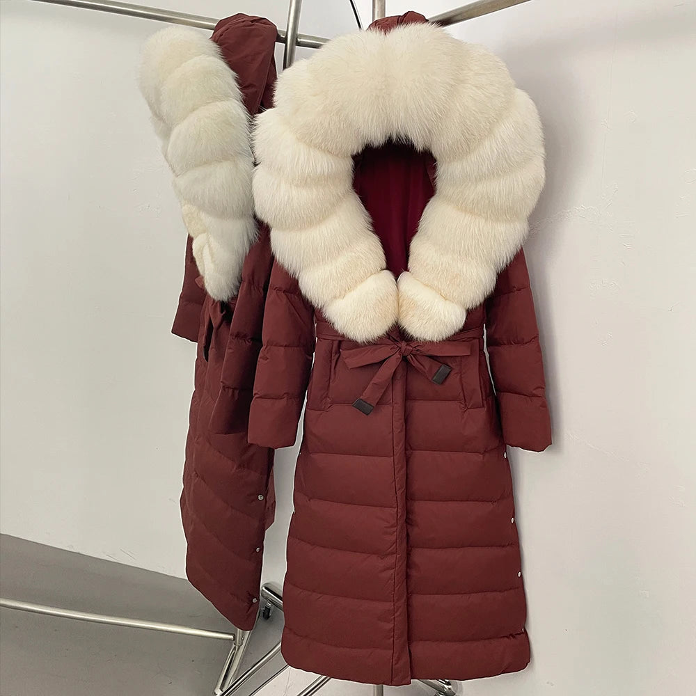OFTBUY Large Real Fox Fur Collar X-Long Puffer Jacket Women Hooded Winter White Duck Down Coat Thick Female Parkas With Belt