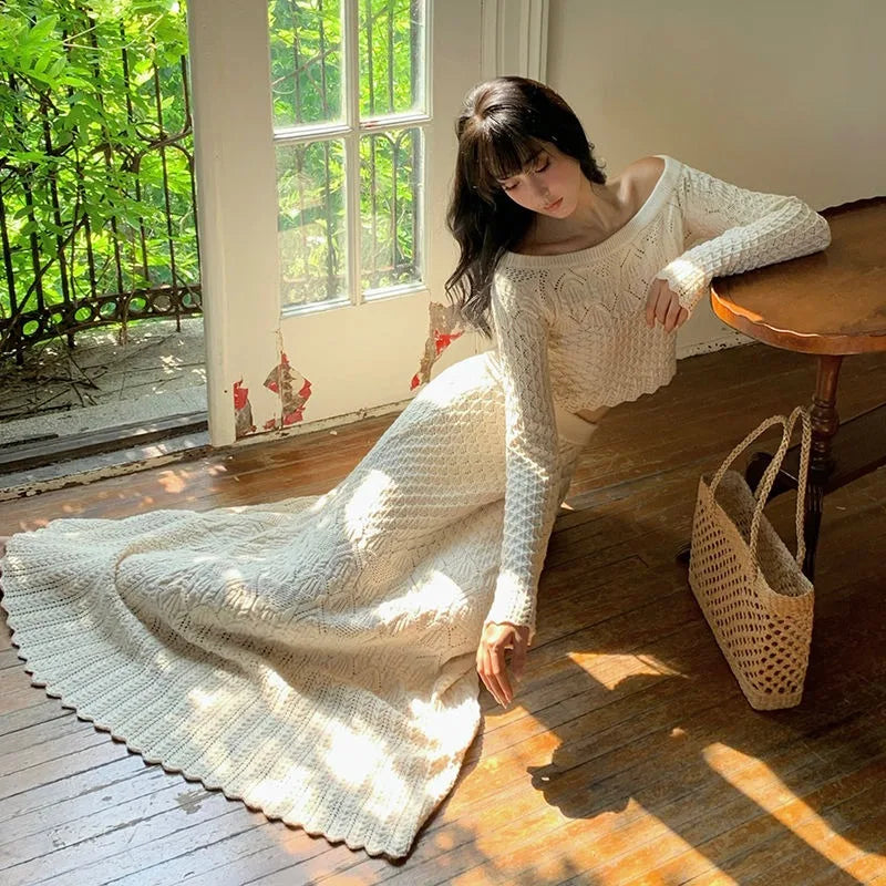 Women's Knitted Sweater Skirt Two-Piece Suit New Sexy Hollow Off-Neck Long Sleeve Sweater Skirt Suit
