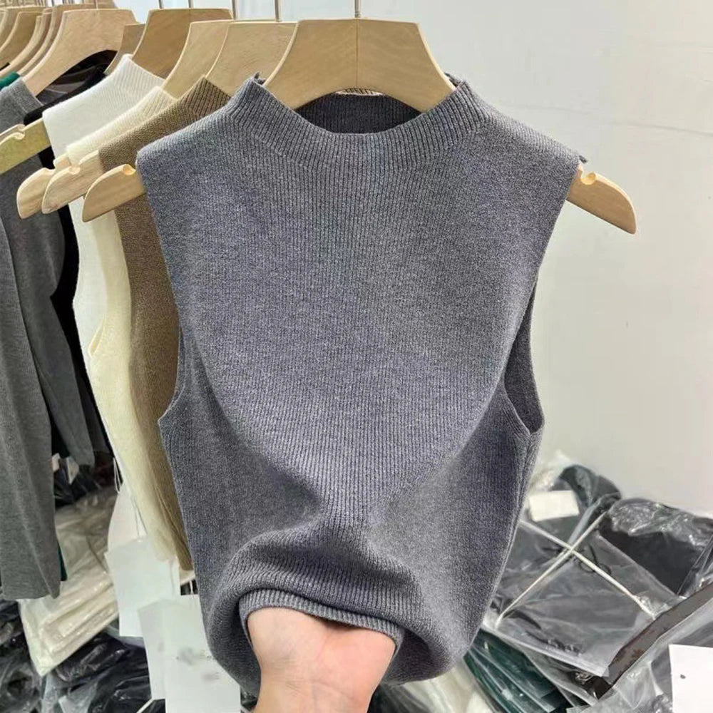 Women's Vest Tank Top Solid Color Knitted Tees Cropped Camisole Sweater Half-turtleneck Spring Autumn Sleeveless топ женский