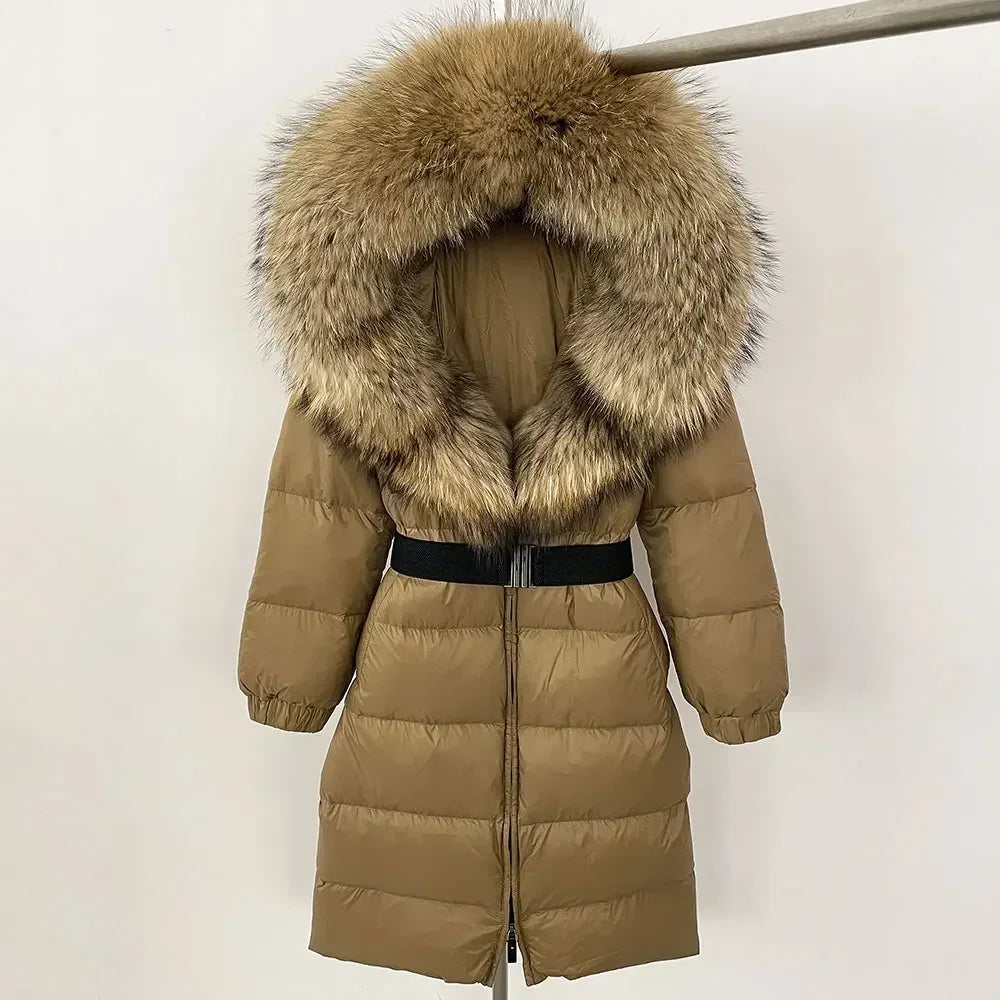 90% White Duck Down Coat New Natural Thick Warm Long Winter Jacket Women Real Big Fox Fur Collar Belt Loose Puffer Parka
