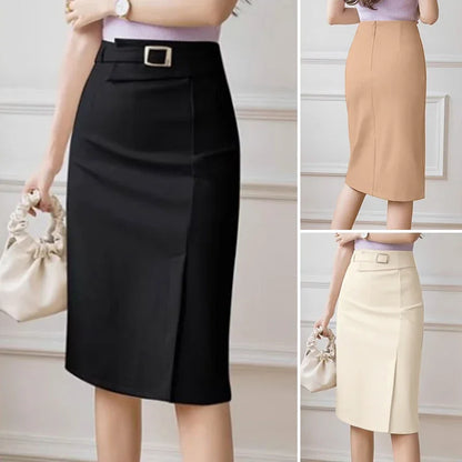 Fashion Work Slim Skirt Woman Vintage Zipper Pencil Midi Skirts Elegant OL Button Overskirts Female Autumn Solid Dresses