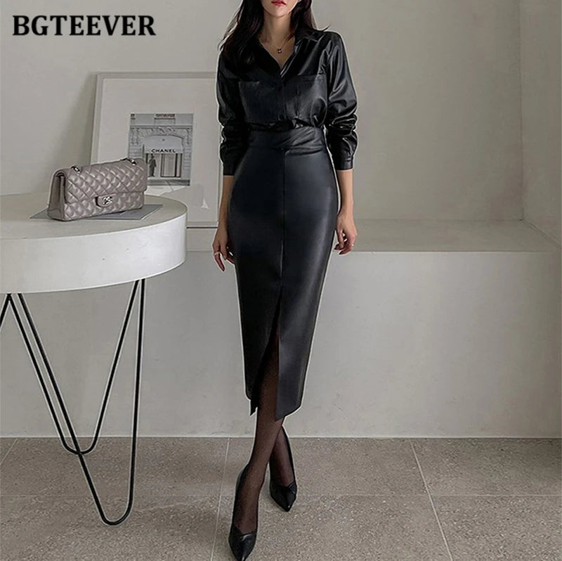 BGTEEVER Stylish Skinny PU Leather Skirts for Women Autumn Winter Elegant Slim Split Package Hip Pu Skirts Female