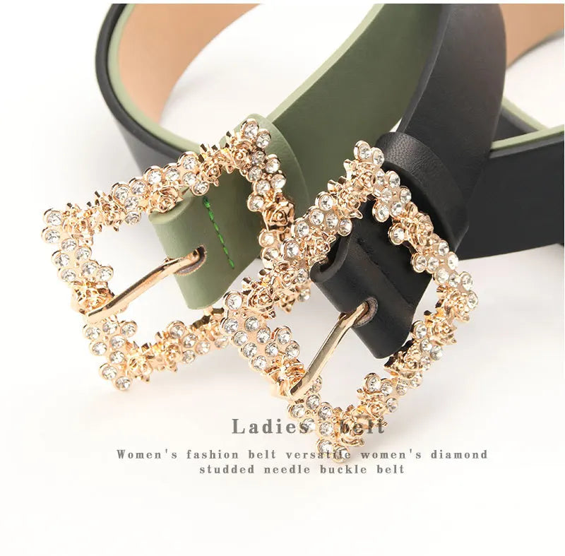 Fashionable Belts for Woman Shiny Rhinestone Beautiful Square Wreath Metal Buckle Solid Color PU Belts