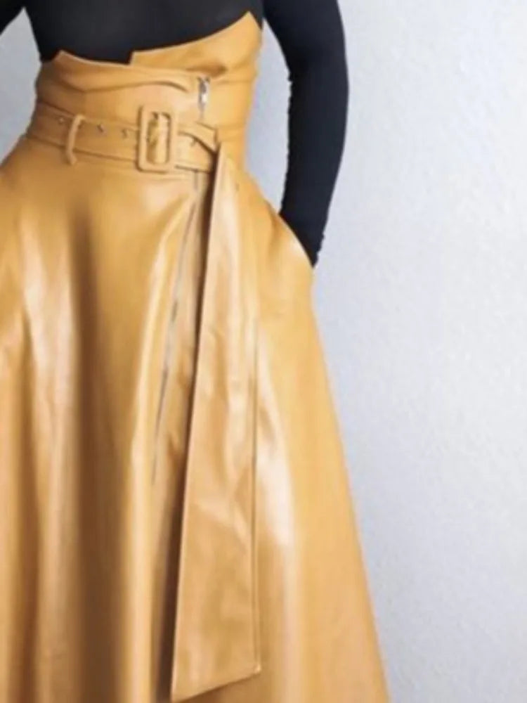 Beautyblue Women's PU Leather Maxi Skirt 2025 New Elegant High Waisted Pockets with Belted Fashion Solid A-Line Zipper Skirts