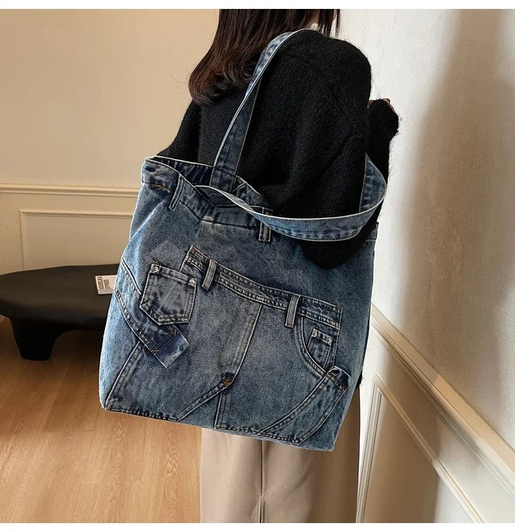2025 Spring New Hot Sale Denim Tote Bags Solid Large Capacity Personality Retro Durable Commute Style Shoulder Bags for Women