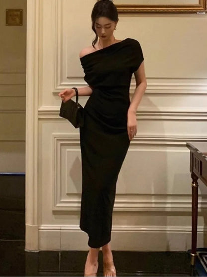 Elegant Solid Bodycon Evening Party Dresses for Women Fashion Off Shoulder Prom Vestidos Summer Korean Robe Female Clothing
