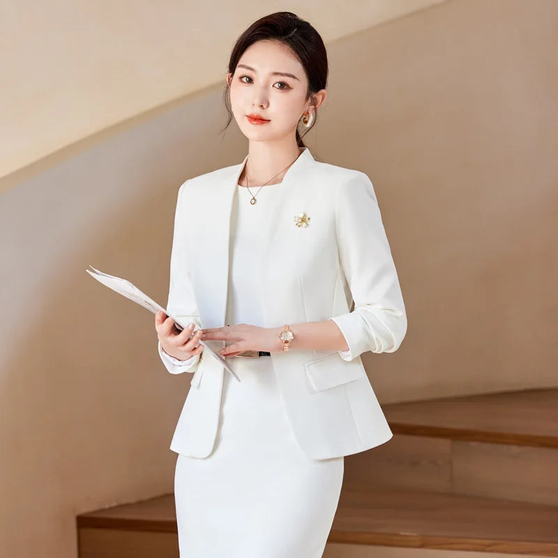 NAVIU Two Piece Dress Suits For Women Long Sleeve Solid Slim Fit Fashionable Momochromatic New Office Ladies Work Wear White